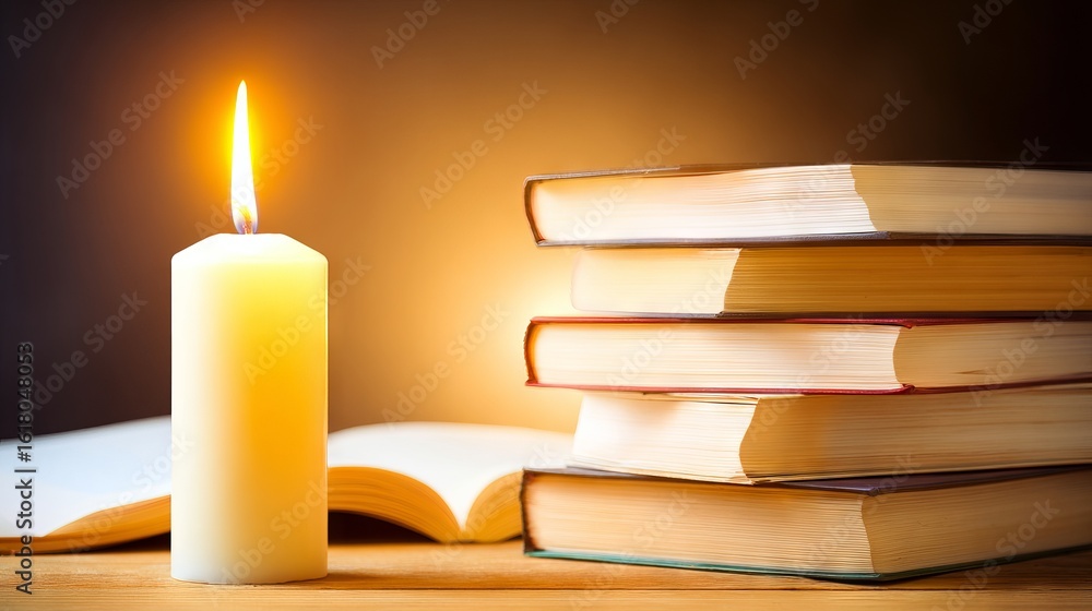 Poster candle illuminating a stack of books on a wooden table, creating a warm and inviting atmosphere for 