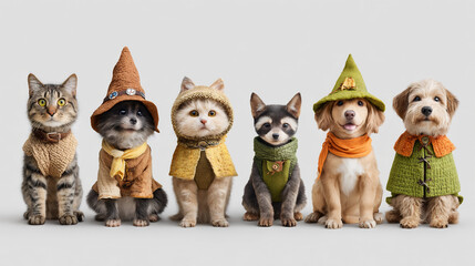 pets in fantasy costumes — handcrafted story-based outfits for cat, dog, and raccoon, isolated on white