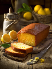 Sliced lemon cake loaf with butter and fresh lemons on rustic wooden table