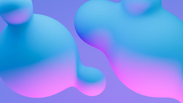 Abstract colored metaball spheres in flight. Realistic render of bubbles on an isolated blue background.