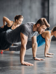 Obraz premium Group of athletes doing push-ups during fitness training in gym