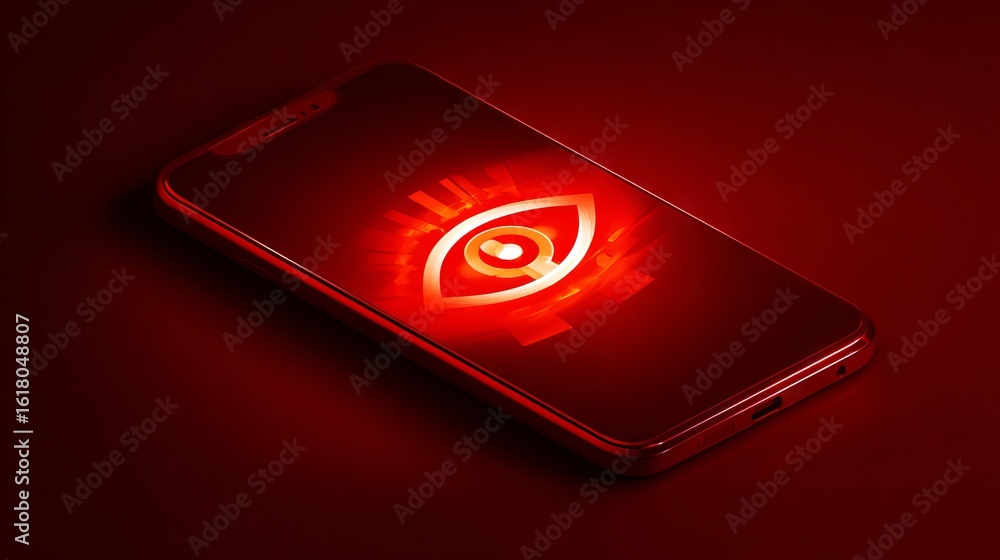 Poster smartphone mock up with red glowing eye symbol on screen, showcasing modern technology and digital s