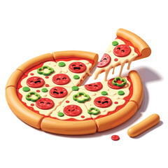 Whimsical Pizza with Smiling Pepperoni and Melting Cheese a Cartoon Food Illustration Ideal for Childrens Designs and Fun Mealtime Content