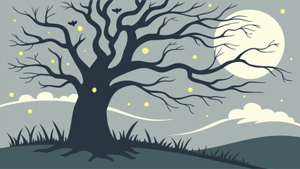 Fototapeta premium Illustration of a spooky tree silhouette with bats and fireflies under a full moon in a gray landscape
