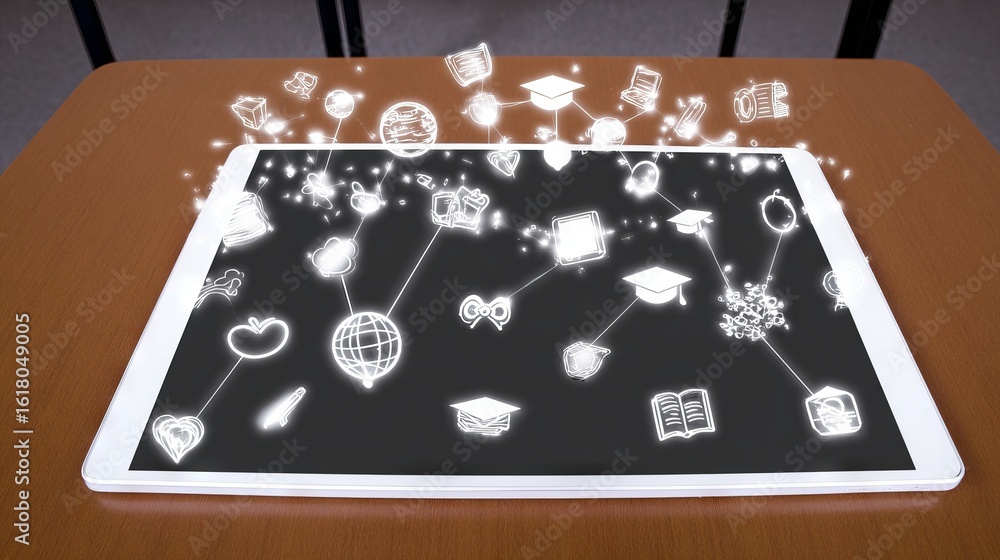 Aufkleber digital tablet mock up displaying glowing educational icons and symbols, representing knowledge, lea