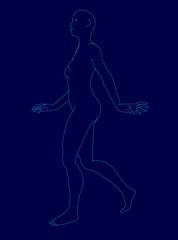 A determined woman walks confidently in a blue line drawing, her arms and legs outstretched in motion. Her hair is pulled back in a neat bun, and her expression conveys focus.