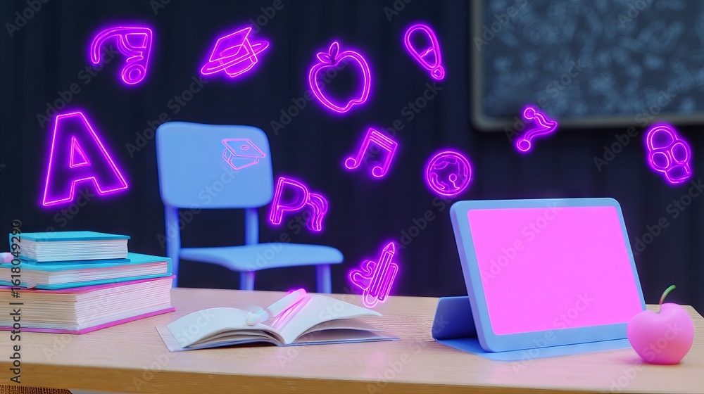 Aufkleber colorful classroom scene featuring a tablet with a blank screen, surrounded by books and educational