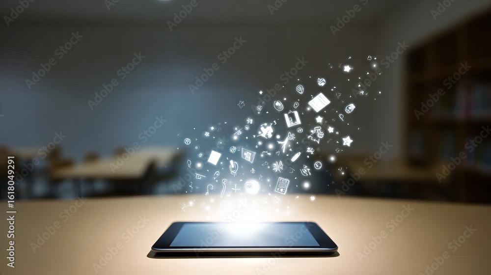 Aufkleber tablet device on a wooden table with glowing icons and symbols emerging from the screen, representin