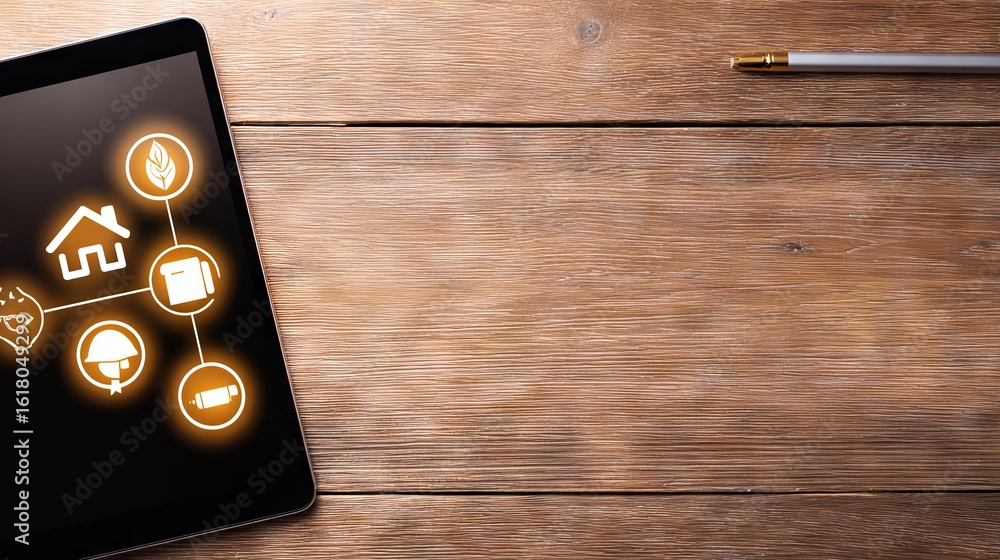 Aufkleber tablet mock up displaying smart home icons on a wooden table, showcasing technology integration with