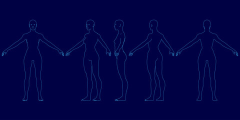 Female figures in varied body shapes and poses, outlined in white against a deep blue background. The line drawing emphasizes natural contours and diversity.