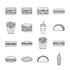 Black and white line art illustration of fast food favorites burgers fries tacos and beverages isolated on white