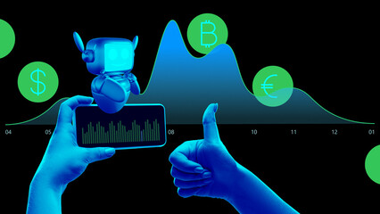 Fintech collage. Robot with thumbs-up near phone and currency graph. Concept of technical...