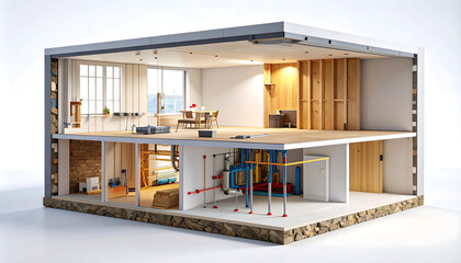 Architectural Cutaway of a Modern Home, Showcasing Interior Design and Infrastructure