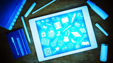 Digital tablet displaying vibrant educational icons and symbols, surrounded by stationery items on a wooden desk, representing modern learning and creativity in a study environment