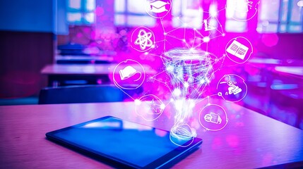 Digital tablet on wooden desk in classroom, surrounded by glowing icons representing education, technology, and innovation, illustrating modern learning concepts and digital transformation