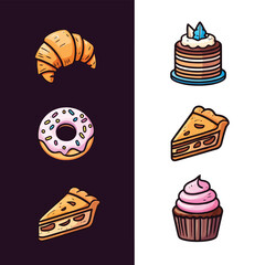 Collection of Delicious Cartoon Desserts featuring Croissant Donut Cake Pie and Cupcake Split on a Two Toned Background