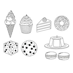 Collection of Delicious Desserts in Black and White Outline Drawing Style Perfect for Coloring Books and Food Illustration Projects
