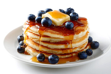 A stack of pancakes with butter blueberries and syrup on a plate