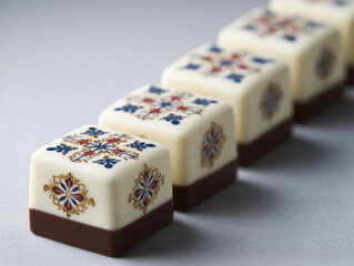 Delicious white chocolate pralines decorated with gold and blue patterns creating a line on a gray surface