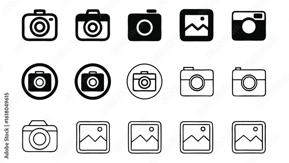 Poster collection of stylized camera and photo icons in a grid layout