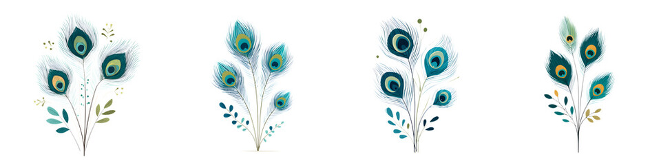 Obraz premium Elegant Peacock Feather Bouquet Illustrations Set on White