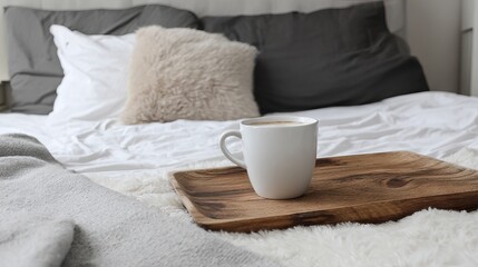 Cozy bedroom scene featuring a wooden tray with a white cup of coffee placed on a soft blanket, creating a warm and inviting atmosphere for relaxation and comfort