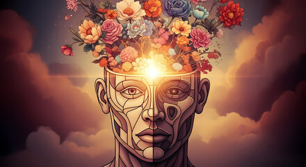 Enlightened Mind A Vibrant Artistic Illustration Symbolizing Human Potential, Innovative Thought, and Personal Growth with Blooming Florals Emanating from a Head.