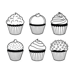 Delicious cupcake assortment black and white line art sweet treat illustration for coloring books and educational resources and creative projects