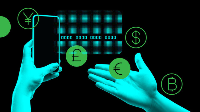 Creative digital artwork. Two hands with phone and floating currency symbols. Concept of digital finance apps, global transactions, mobile payment UX, fintech startup products.