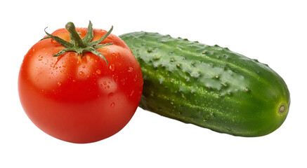 Close up of a fresh red tomato and a green cucumber on a isolated on transparent background