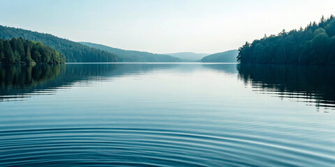 Obraz premium Calm Lake with Misty Mountains – Tranquil Water, Nature Serenity, Landscape Reflection, Peaceful Morning, Travel Scene, Minimal Natural Beauty