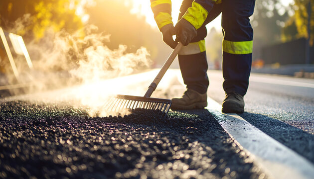 Professional road worker raking asphalt during sunrise, construction site with steam and light