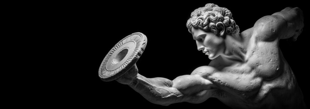 Close-up of an ancient discobolus or discus thrower marble statue isolated on black background with copy space. Classical Greek sculpture depicts a young male athlete throwing a discus. Generative Ai.