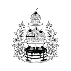 Elegant Dessert Stand with Cake and Cupcakes Black and White Illustration Featuring Roses and Blossoms for Coloring Books and Creative Projects