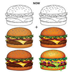 Evolution of the Cartoon Burger Development Process and Final Result with Color and Toppings Showing Progress and Improvement
