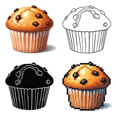 Four variations of a chocolate chip muffin vector illustration including color outline silhouette and pixel art presentation