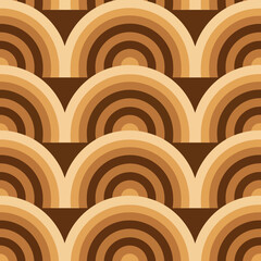 Geometric seamless pattern with overlapping arches in retro brown and beige tones. A vintage 70s style abstract background.