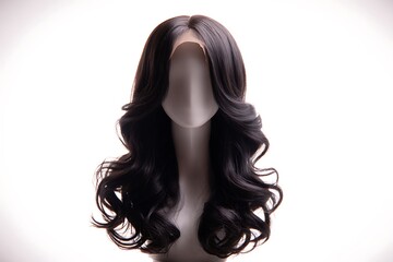 Mannequin head showing long wavy black wig on white background