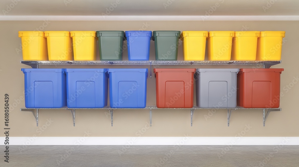 Poster colorful storage bins arranged neatly on a metal shelf against a neutral wall, showcasing organizati