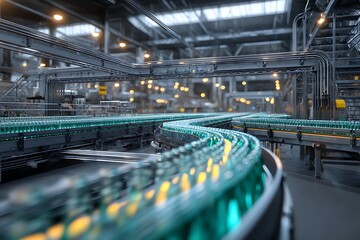 Glass bottles moving on conveyor belt in beverage bottling plant