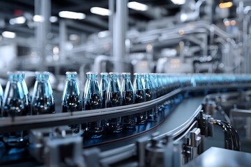 Conveyor belt carrying blue glass bottles in a beverage factory