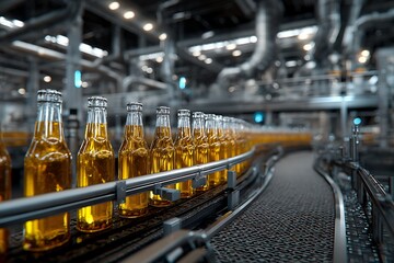 Conveyor belt carrying glass bottles of beer in brewery, bottling process
