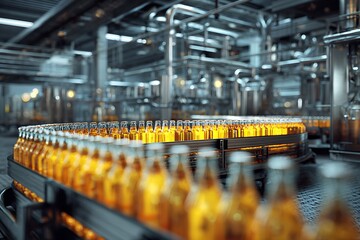 Glass bottles of beer moving on industrial conveyor belt