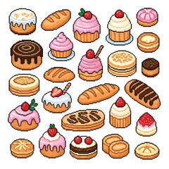 Pixel Art Sweet Treats Collection Delicious Bakery Items for Game Design and Nostalgic Digital Art Projects