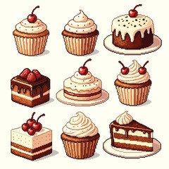 Pixel Art Sweet Treats Collection Featuring an Array of Cupcakes Cakes and Desserts with Delicious Toppings and Frosting