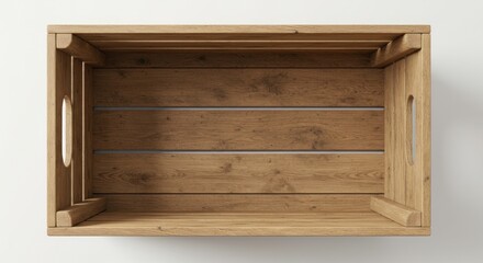 Overhead view of an empty, light brown, wooden crate with slatted bottom on a plain white backdrop