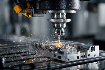 Metalworking cnc milling machine creating metal detail with sparks and coolant