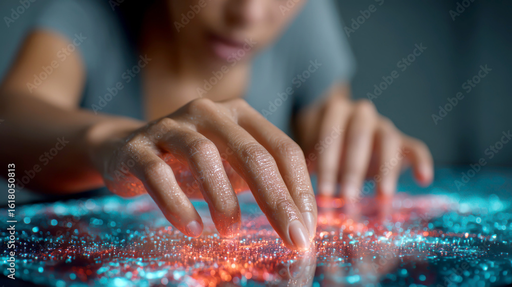Poster futuristic digital interface with glowing data points and hands