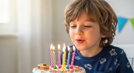 A Birthday Wish: A young child with blonde hair, immersed in the magical moment of blowing out candles on a festive cake