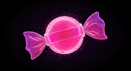 Neon pink candy wrapped in translucent paper with sparkling dust floats on a black background
